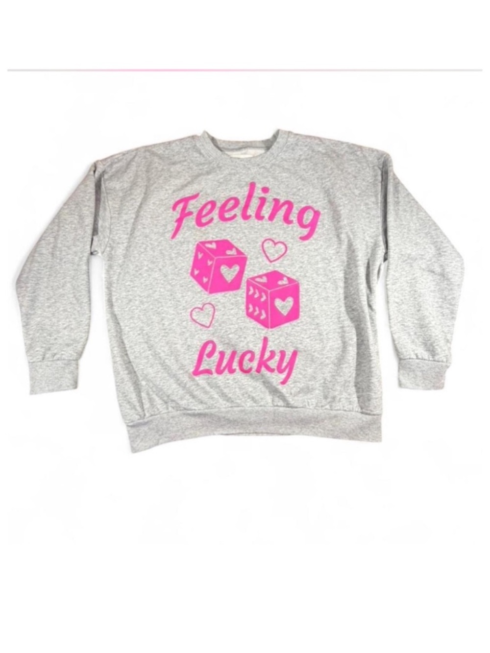No Boundaries Gray Sweatshirt with Pink Dice Graphic